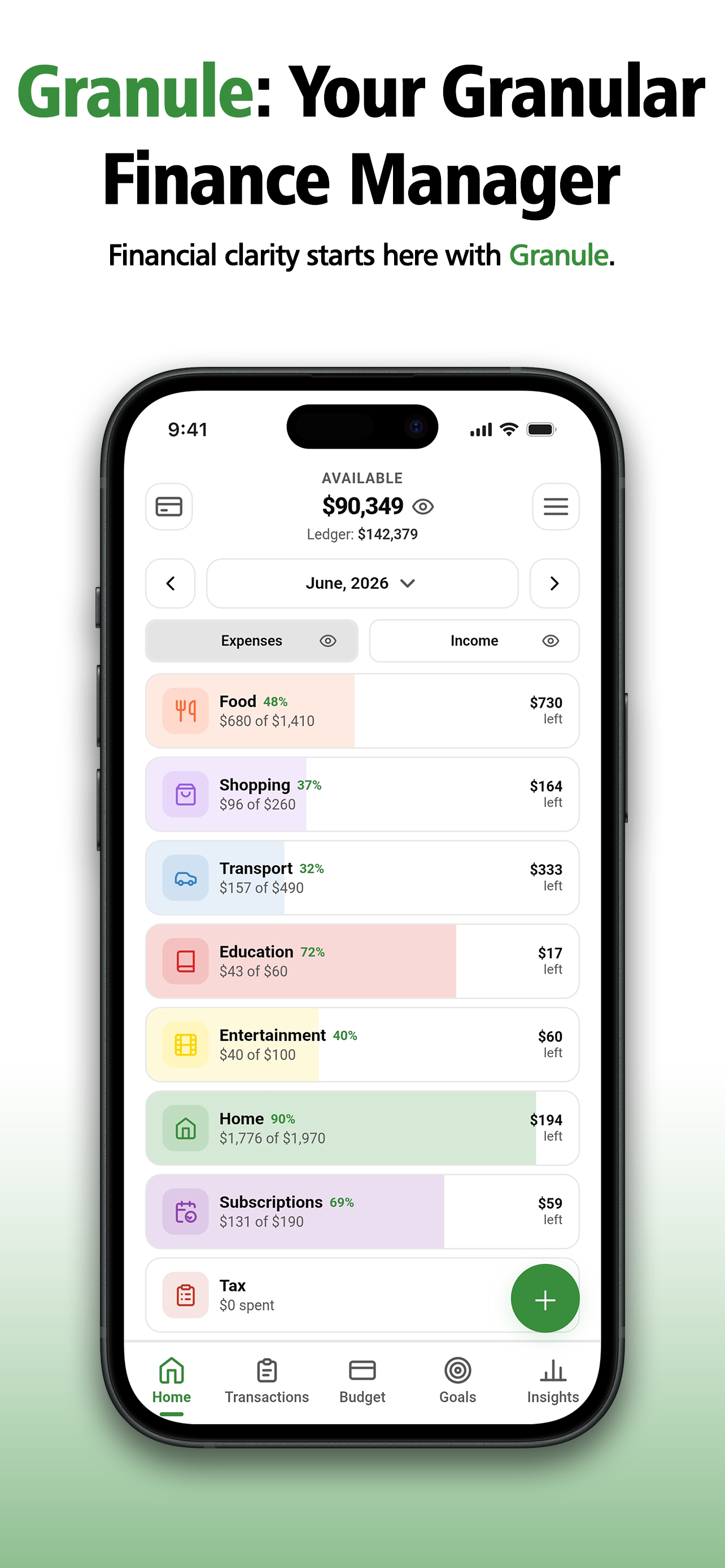 Granule home screen with available balance and category budgets