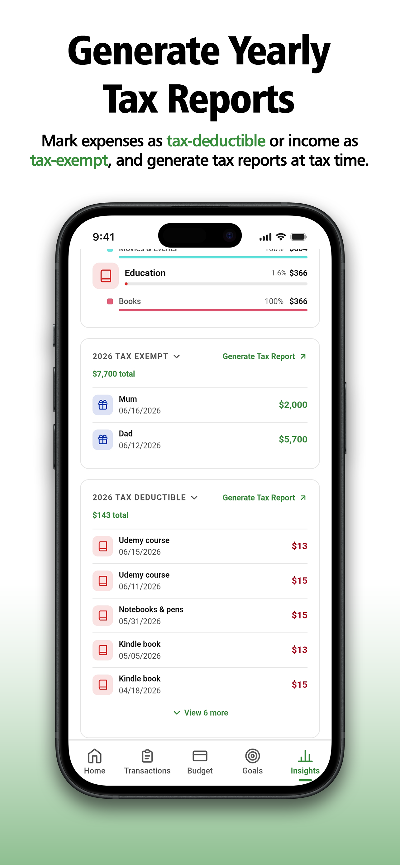 Tax exempt and tax deductible sections with year selector and generate report
